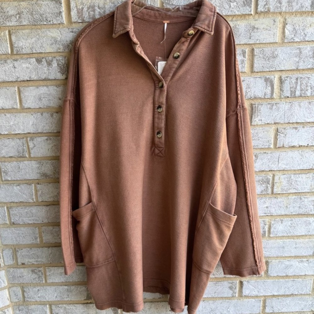 Free People Long Sleeve Willow Antique Oak Polo Knit Tunic Women's Size L